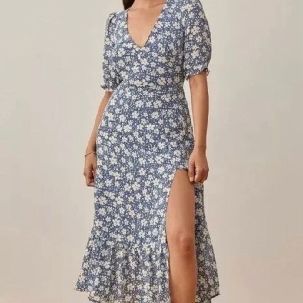 Reformation Blue Nantes V-neck Floral Print Prairie Side Slit Midi